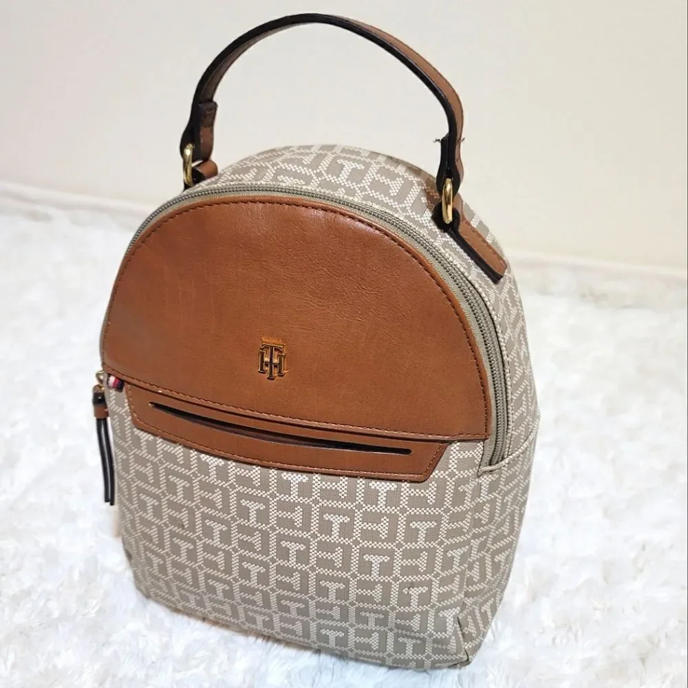 Tommy Hilfiger Tan Printed Noe Beige Bucket Faux Leather Bag Mini Backpack